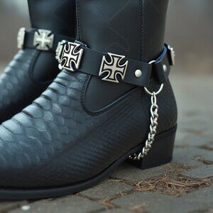 New Men Silver Chain Black Faux Leather Cross Charms Biker Boot Straps Accessory